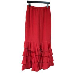 Red Ruffle Layered Pants With Elastic Waistband & Flowing Design For Women